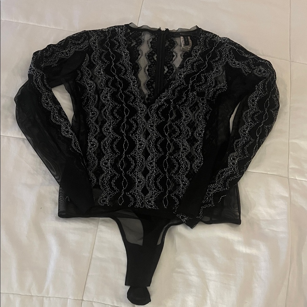 BCBGMaxAzria Black and Silver Lace Bodysuit